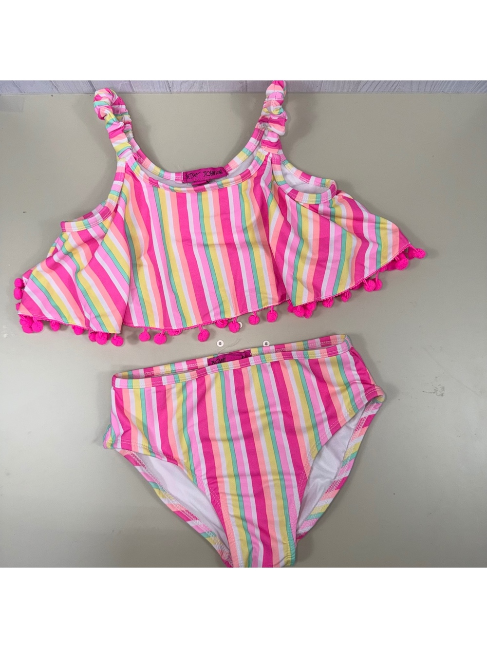 Betsey Johnson Girls Size 12 Two Piece Swimsuit Pink Rainbow Stripe Pom Pom